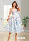 Joan | Spaghetti Straps A Line Purple Midi Prom Dress - Light Blue Floral - PROMDRESS Club