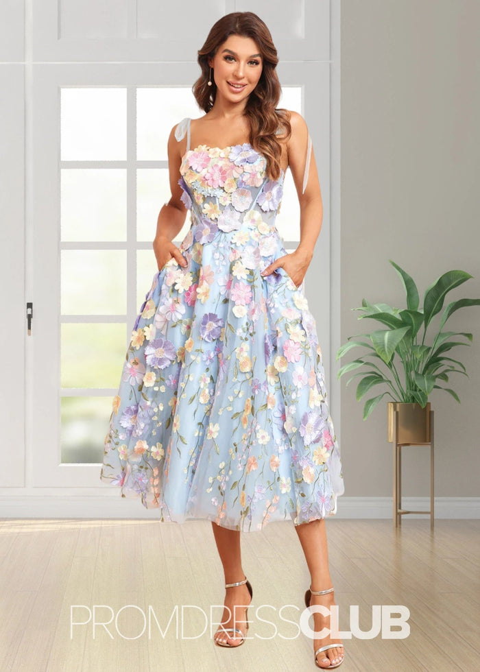 Joan | Spaghetti Straps A Line Purple Midi Prom Dress - Price #price_variant_lowest# - Light Blue Floral - PromDressClub