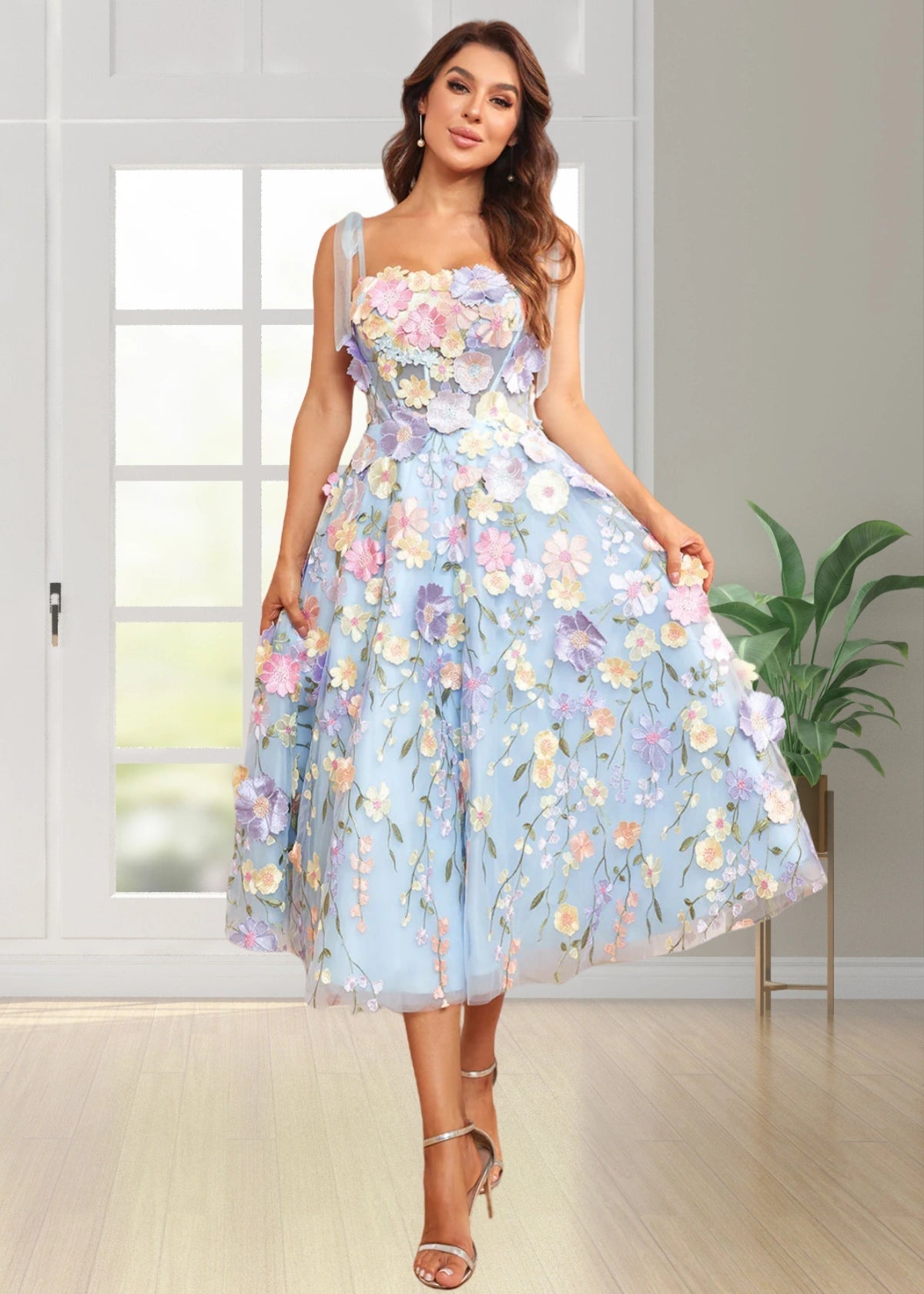 Joan | Spaghetti Straps A Line Purple Midi Prom Dress - Light Blue Floral - PROMDRESS Club