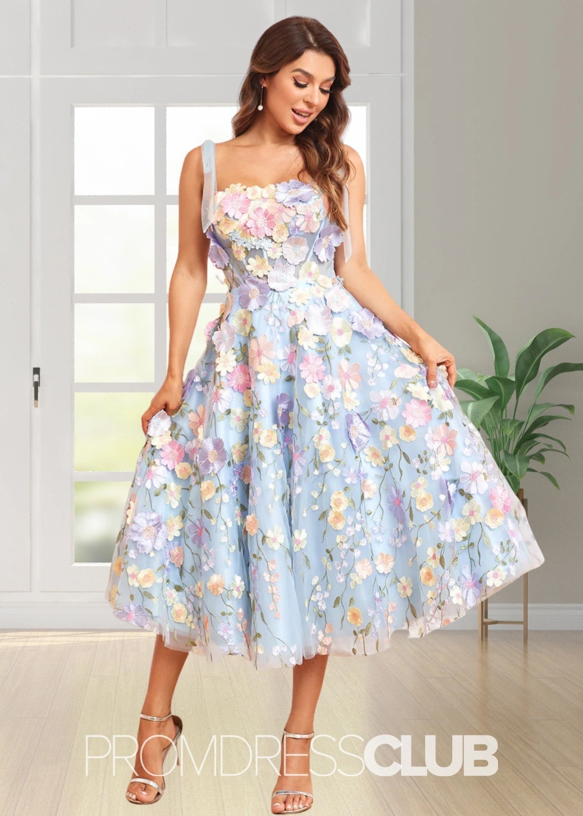 Joan | Spaghetti Straps A Line Purple Midi Prom Dress - Light Blue Floral - PROMDRESS Club