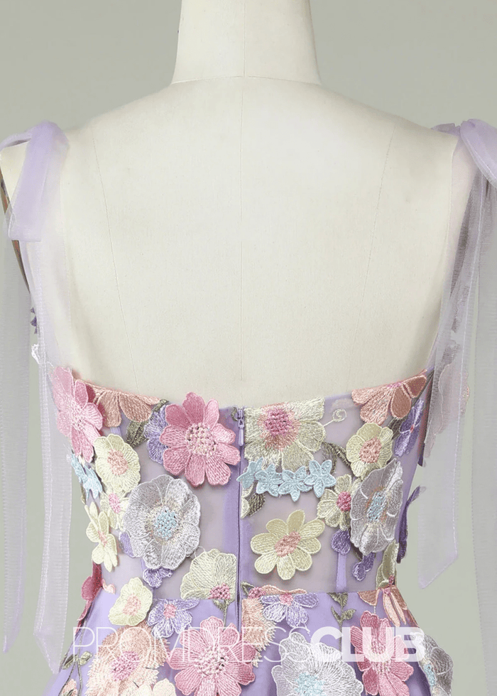 Joan | Spaghetti Straps A Line Purple Midi Prom Dress - Price #price_variant_lowest# - Purple Floral - PromDressClub