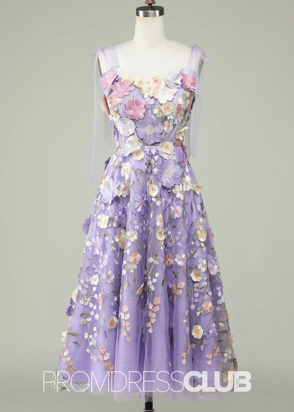 Joan | Spaghetti Straps A Line Purple Midi Prom Dress - Purple Floral - PROMDRESS Club