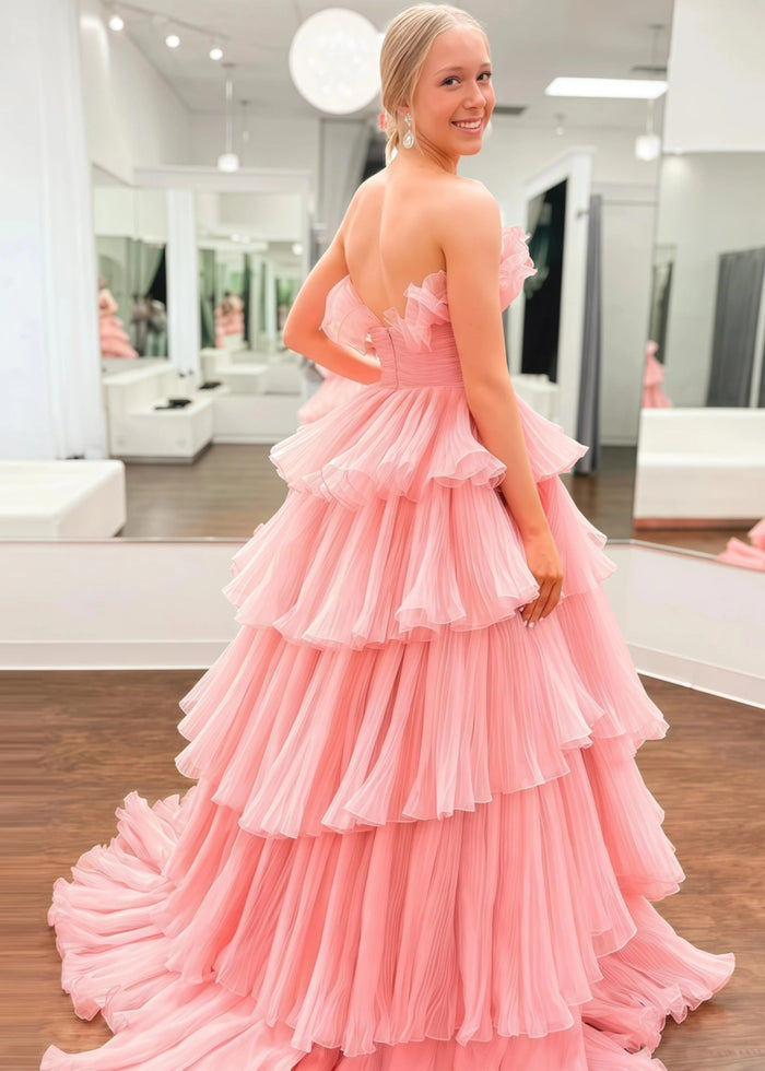 Joanna | A Line Royal Blue Light Pink Strapless Corset Formal Dress with Ruffle - Light Pink - PromDressClub