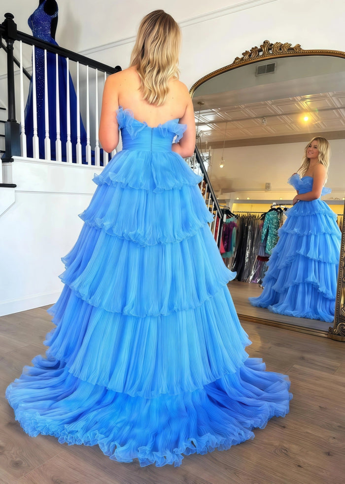 Joanna | A Line Royal Blue Light Pink Strapless Corset Formal Dress with Ruffle - Royal Blue - PromDressClub
