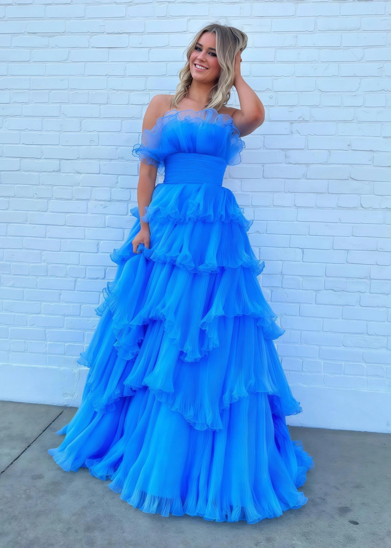 Joanna |A - Line Strapless Tiered Crinkled Pink Tulle Prom Dress With Tiered Ruffles - Blue - US0 - PromDressClub