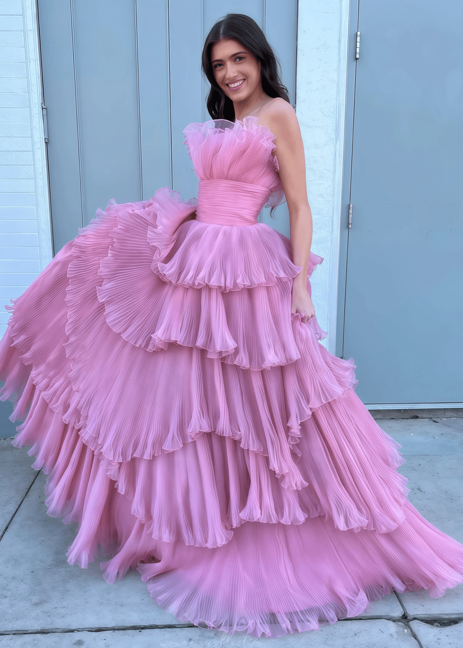 Joanna |A - Line Strapless Tiered Crinkled Pink Tulle Prom Dress With Tiered Ruffles - Dusty Pink - US0 - PromDressClub