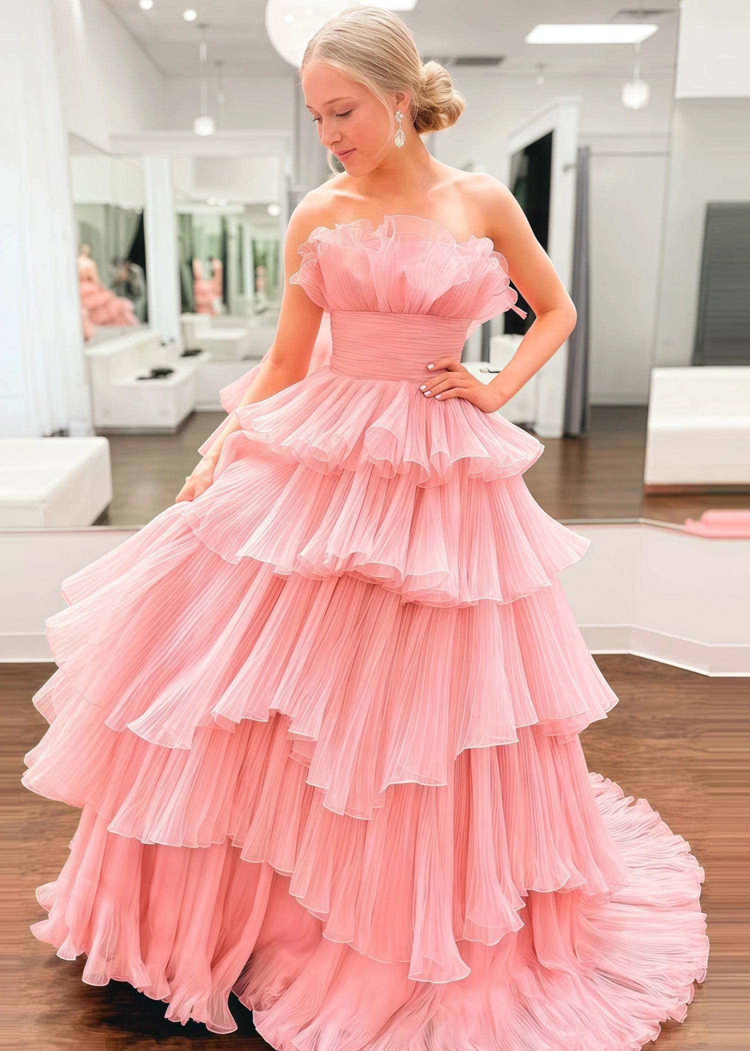 Joanna |A - Line Strapless Tiered Crinkled Pink Tulle Prom Dress With Tiered Ruffles - Pink - US0 - PromDressClub