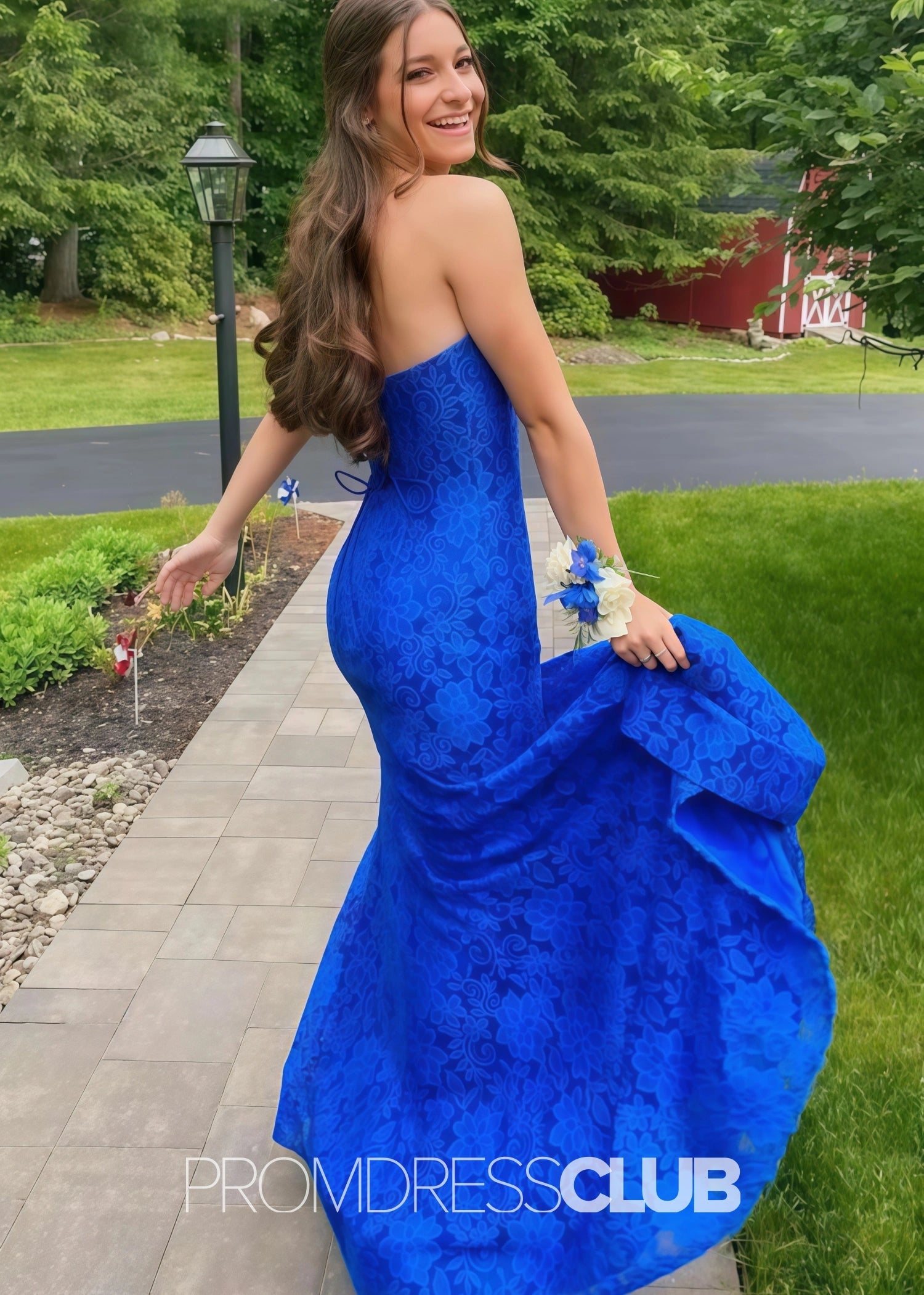 Joanna |Blue Long Prom Dresses Store With Strapless Mermaid Lace Slit - Blue - US0 - PromDressClub