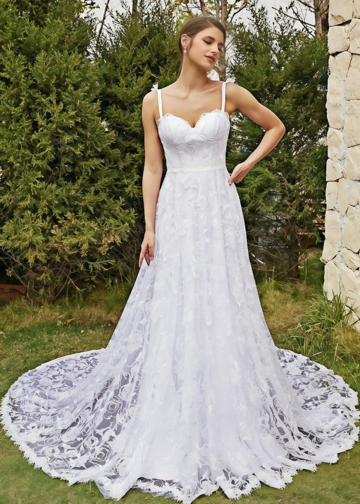 Joanna | Elegant A Line Lace Spaghetti Strap Sweetheart Neckline White Wedding Dress with Court Train - White - PromDressClub