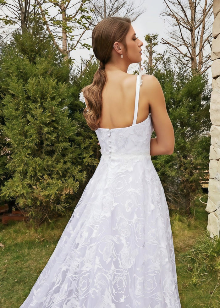 Joanna | Elegant A Line Lace Spaghetti Strap Sweetheart Neckline White Wedding Dress with Court Train - White - PromDressClub