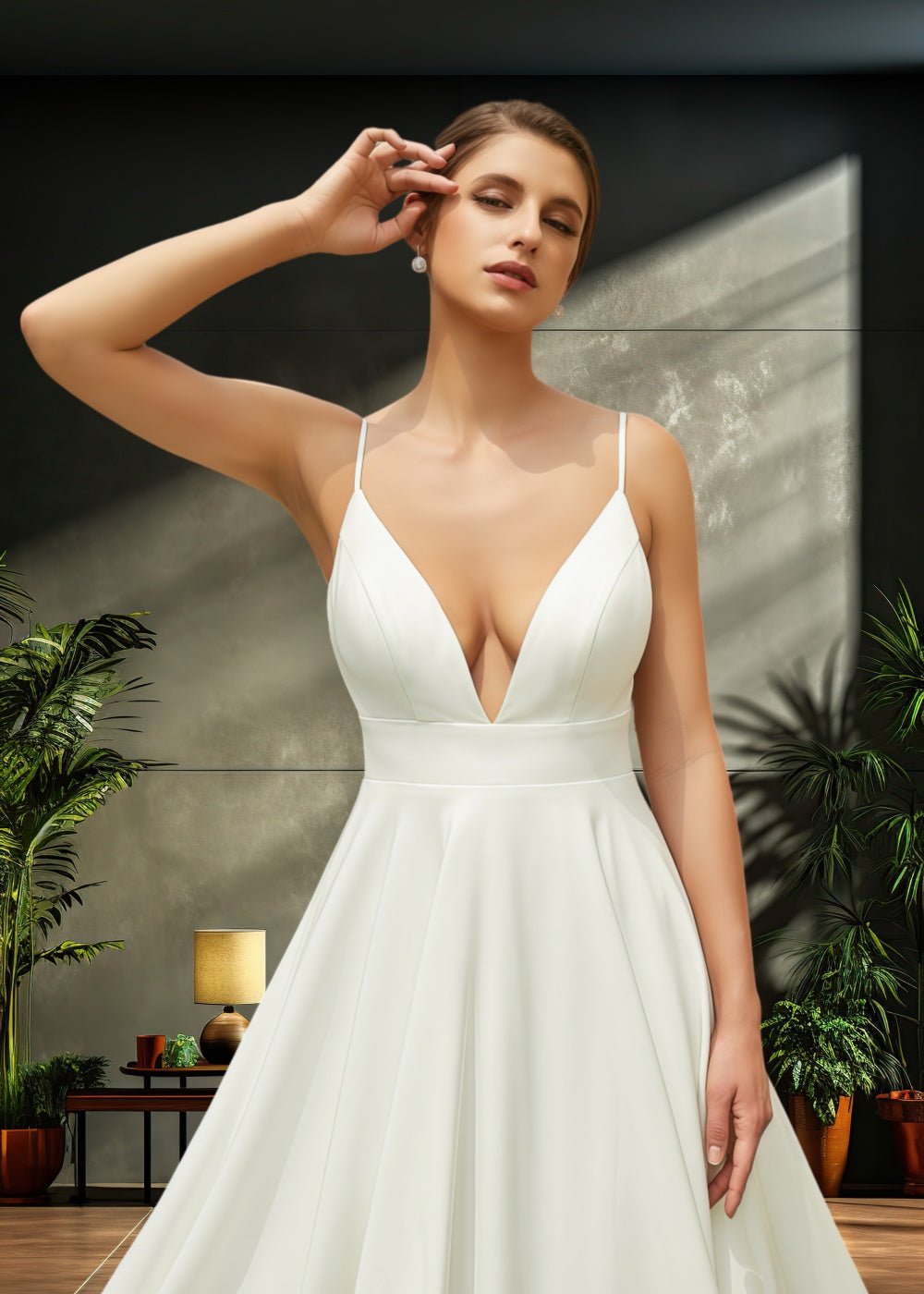 Joanne | Elegant Princess Satin V Neck Spaghetti Strap Wedding Dress with Court Train for Outdoor Weddings - Ivory - PromDressClub