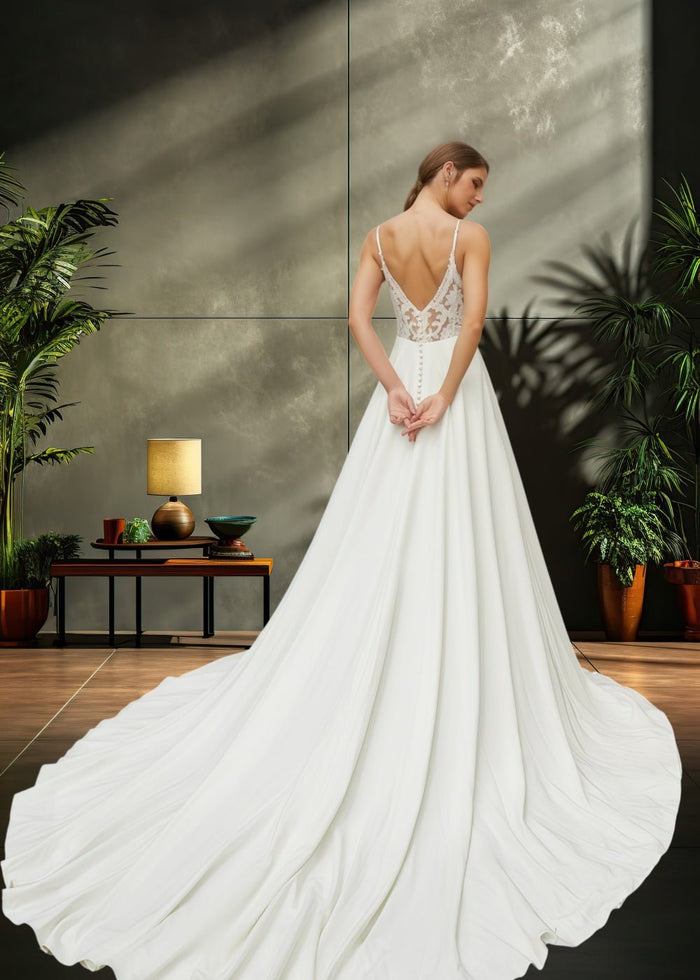 Joanne | Elegant Princess Satin V Neck Spaghetti Strap Wedding Dress with Court Train for Outdoor Weddings - Ivory - PromDressClub