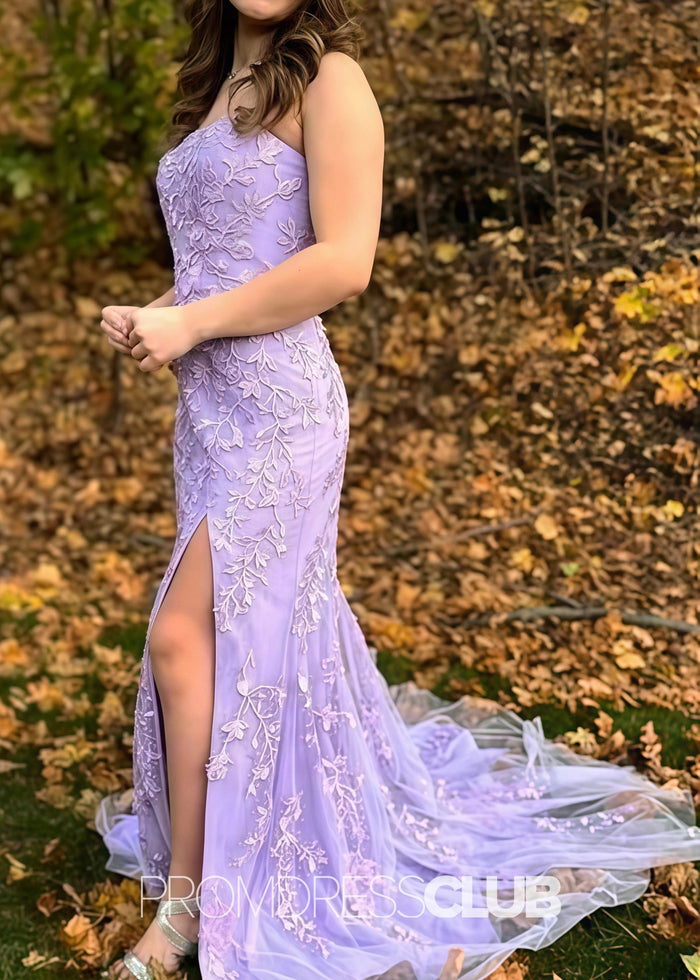 Joanne |Light Pink Long Prom Dresses Store With Strapless Lace Appliques Mermaid Scoop Side Slit - Price #price_variant_lowest# - Lilac - PromDressClub