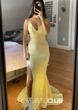 Jocelyn |Long Yellow Prom Dresses Shops With Spaghetti Straps V - Neck Lace Mermaid Slit - Yellow - US0 - PromDressClub