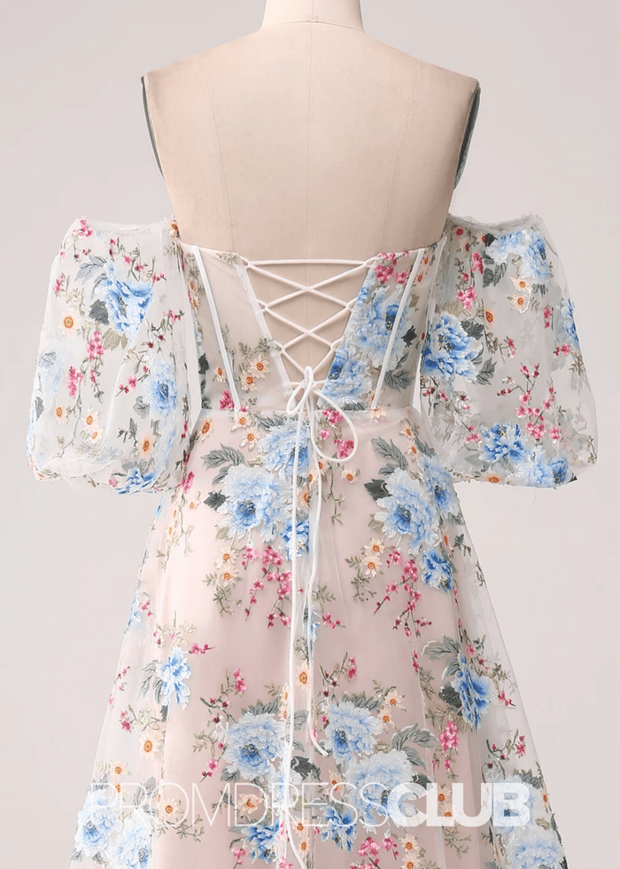 Jocelyn | White Floral A - Line Strapless Corset Long Prom Dress - Price #price_variant_lowest# - White Floral - PromDressClub