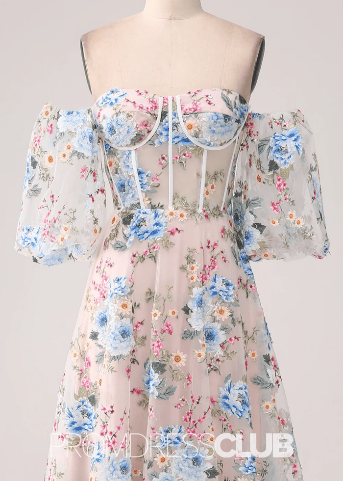 Jocelyn | White Floral A - Line Strapless Corset Long Prom Dress - Price #price_variant_lowest# - White Floral - PromDressClub