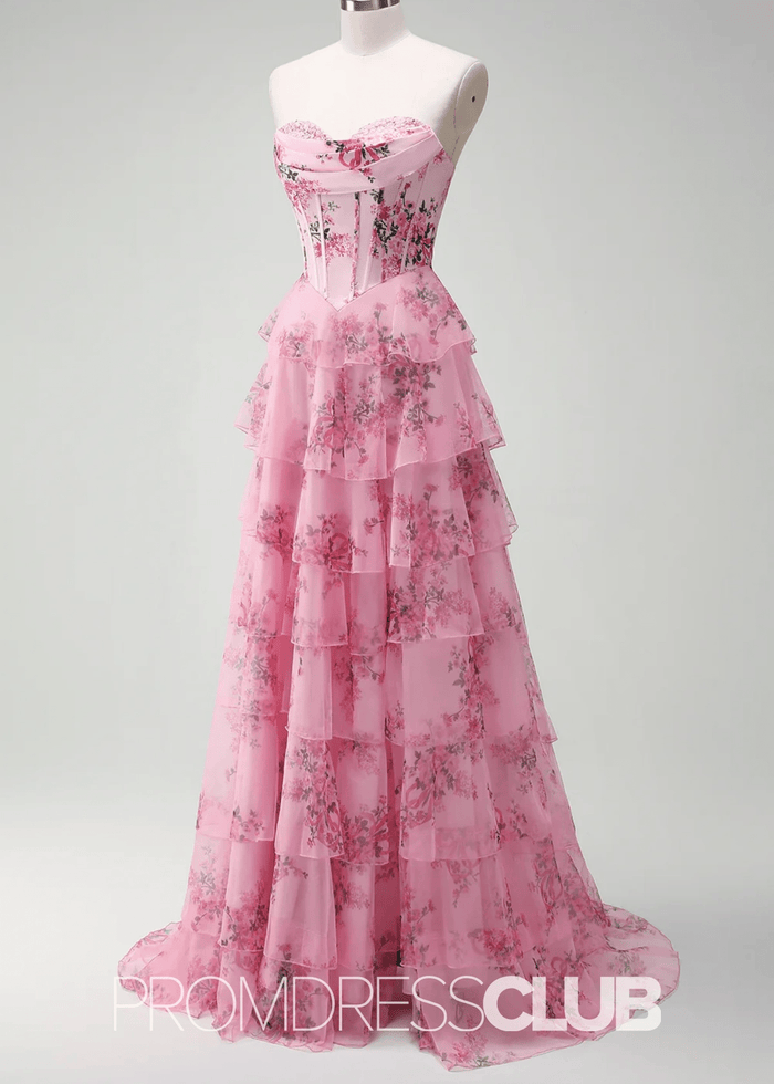 Jodie | A Line Strapless Blush Floral Long Prom Dress - Price #price_variant_lowest# - Blush Floral - PromDressClub