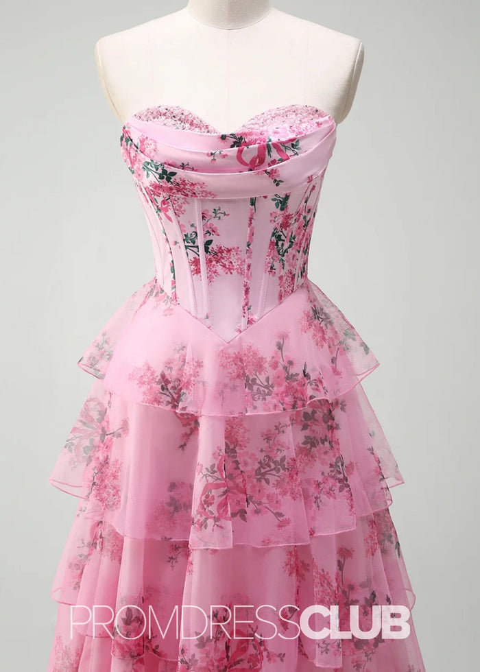 Jodie | A Line Strapless Blush Floral Long Prom Dress - Price #price_variant_lowest# - Blush Floral - PromDressClub