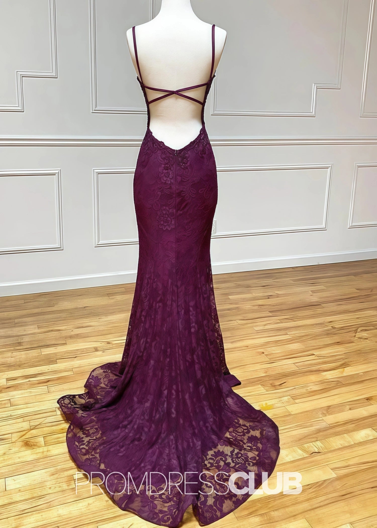 Jodie |Long Burgundy Prom Dresses Shops With Lace Spaghetti Straps V - Neck Mermaid Slit - Burgundy - US0 - PromDressClub