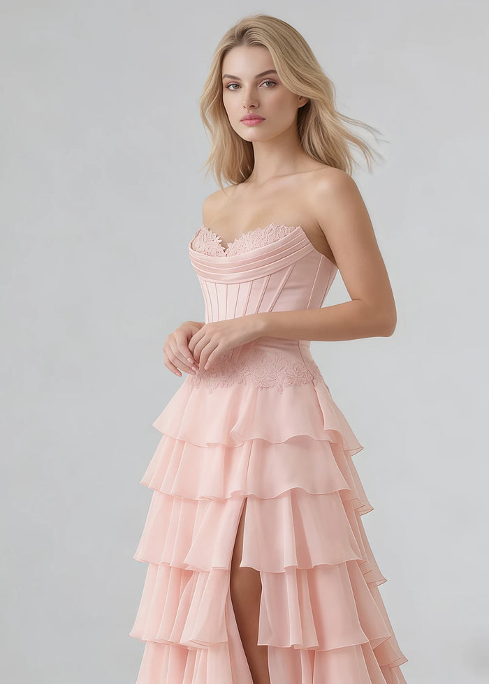 Jora Corset Pink Prom Dress with Ruffles | A - Line Strapless Appliques Lace Formal Dress with Slit - Pink - PromDressClub