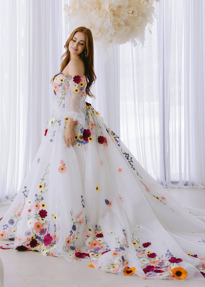 Josephine | Exquisite White Flower Strapless Long Sleeve Corset Wedding Dress - White Floral - PromDressClub