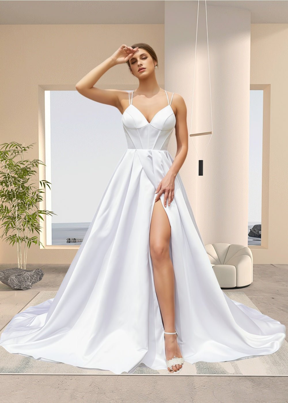 Joy | Ball - gown/Princess Satin Spaghetti Strap V Neck Wedding Dress with High Slit and Court Train - White - PromDressClub