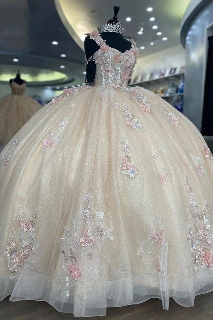 Joyce | Discover Our Floral Champagne Quinceañera Dresses - Shine at Your Big Day! - Champagne - PromDressClub