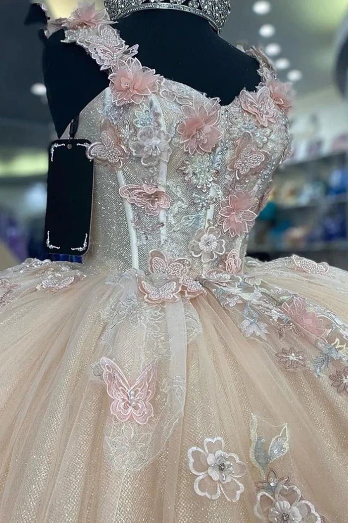 Joyce | Discover Our Floral Champagne Quinceañera Dresses - Shine at Your Big Day! - Champagne - PromDressClub