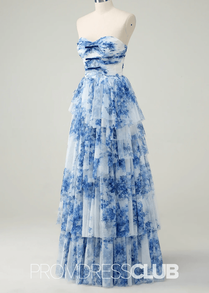 Joyce | White Blue Flower Strapless Tiered Tulle Long Prom Dress - Price #price_variant_lowest# - Blue Floral - PromDressClub