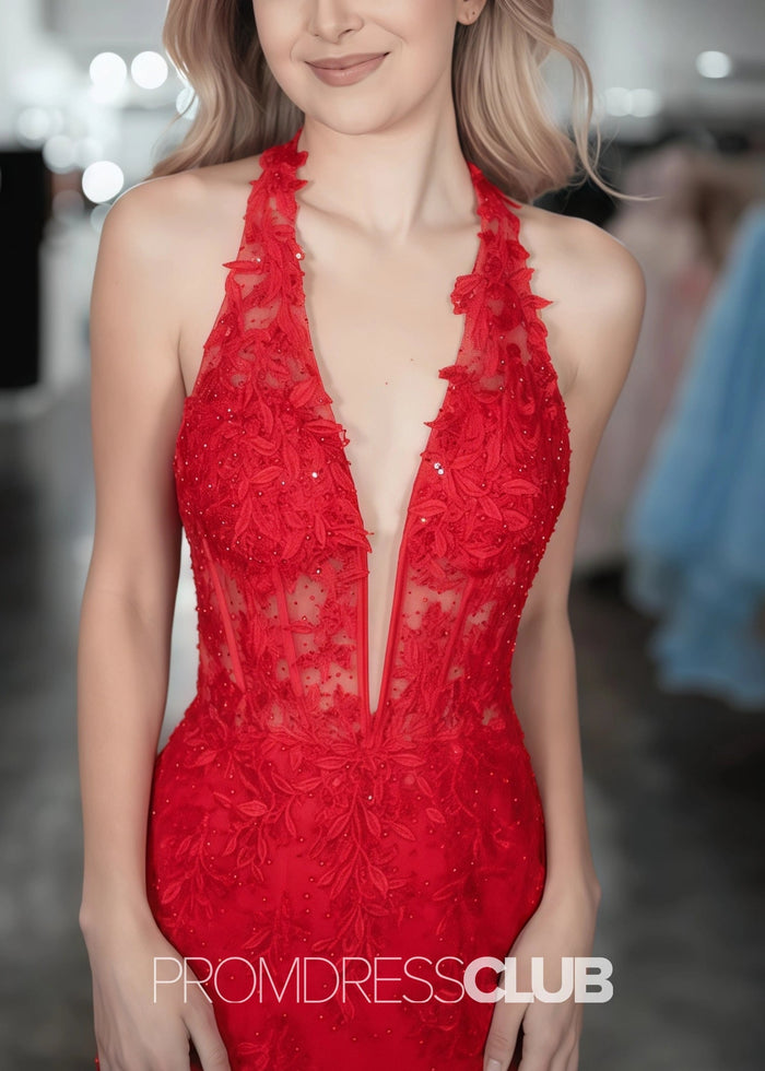 Judith |Long Plus Size Black Prom Dresses Shops With Halter V - Neck Lace Appliques Mermaid Slit - Price #price_variant_lowest# - Red - PromDressClub