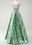 Judith | Sparkly Green Floral Spaghetti Straps Long Prom Dress - Green Floral - PROMDRESS Club