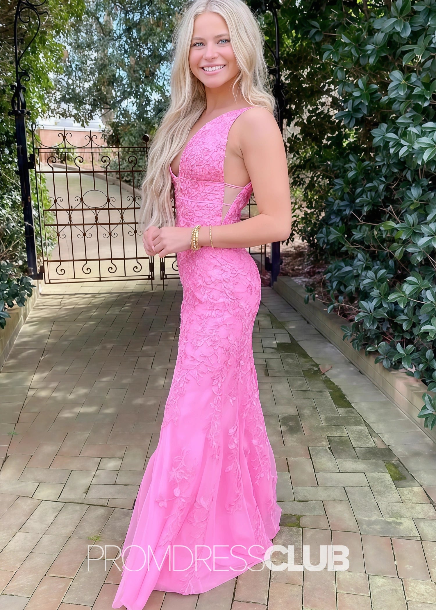 Judy |Long Pink Prom Dresses Near Me With Deep V - Neck Straps Lace Appliques Mermaid - Pink - US0 - PromDressClub