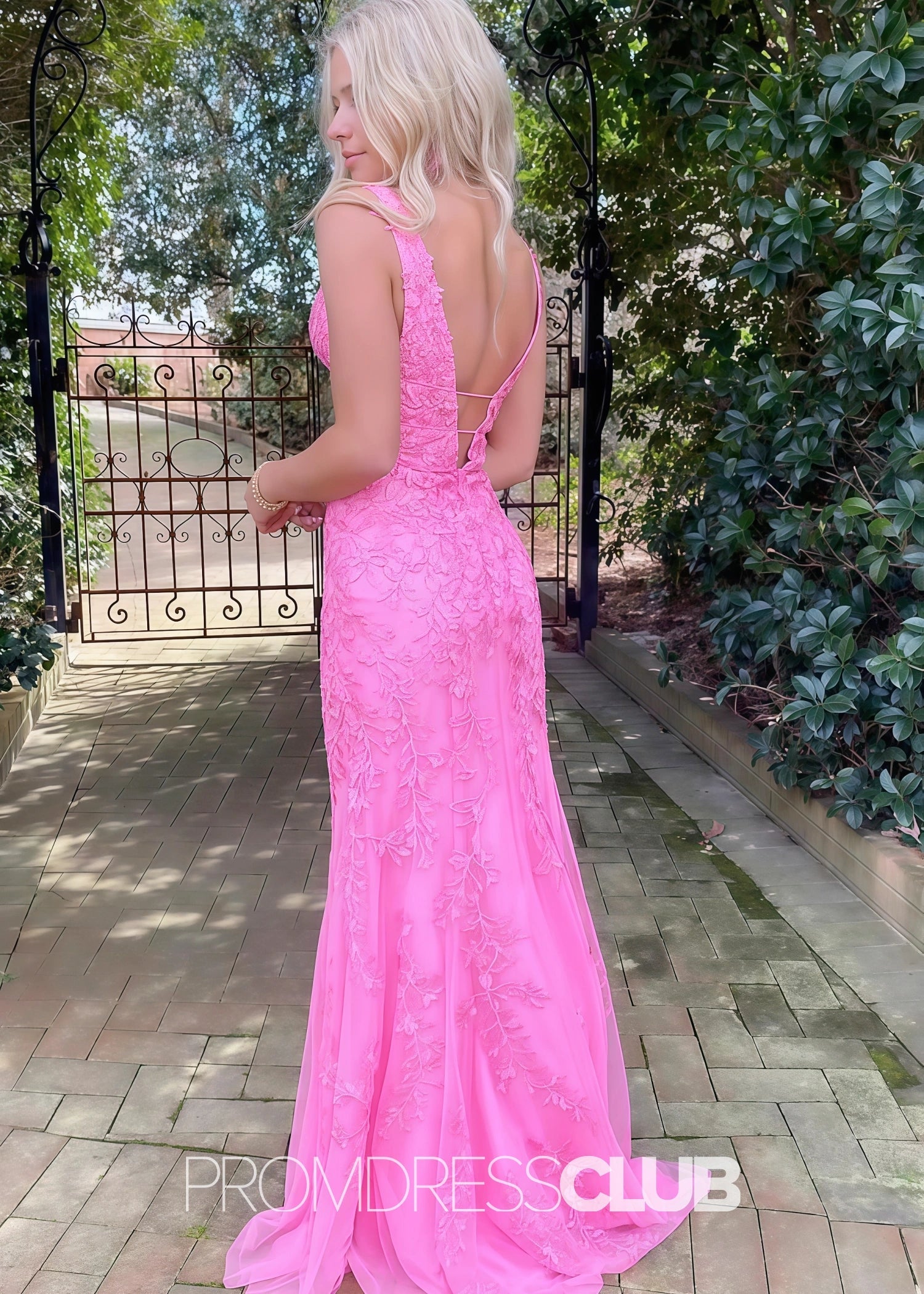 Judy |Long Pink Prom Dresses Near Me With Deep V - Neck Straps Lace Appliques Mermaid - Pink - US0 - PromDressClub