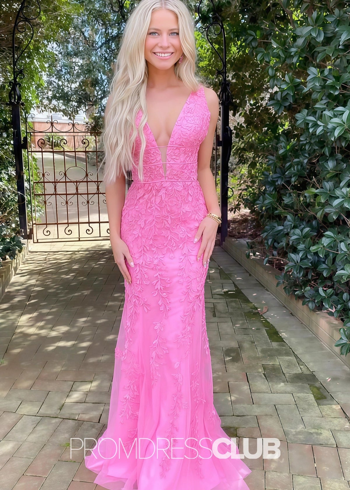 Judy |Long Pink Prom Dresses Near Me With Deep V - Neck Straps Lace Appliques Mermaid - Pink - US0 - PromDressClub