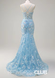 Julia | Sparkly Light Blue Sequin Mermaid Corset Long Prom Dress - Light Blue Floral - PROMDRESS Club