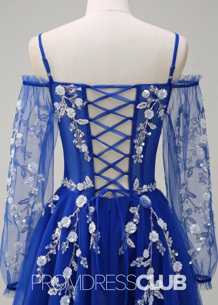 Julie | A - Line Cold Shoulder Sparkly Royal Blue Long Prom Dress - Price #price_variant_lowest# - Royal Blue - PromDressClub