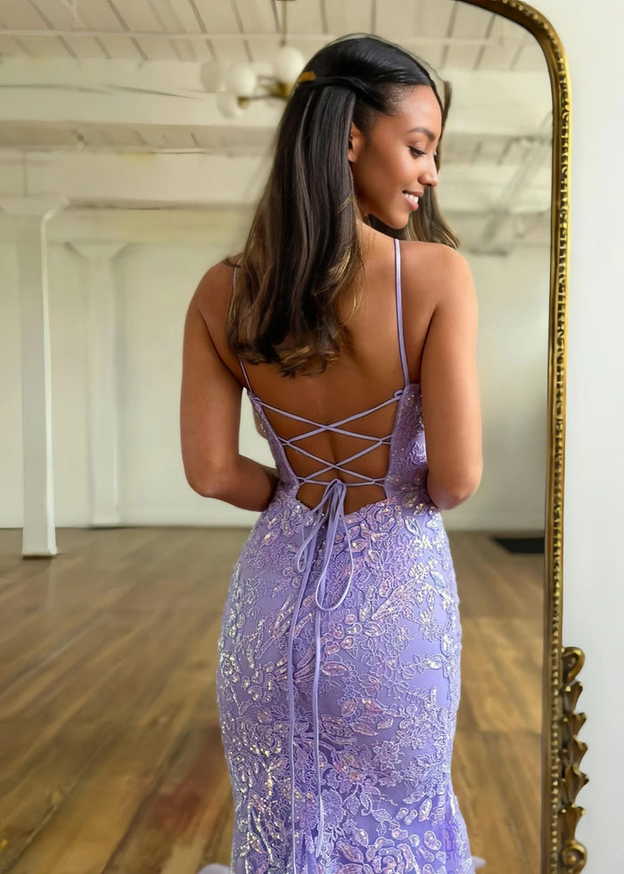 Julie | Glitter Lilac Purple Mermaid Spaghetti Strap Prom Dress with Train - Lilac - PromDressClub