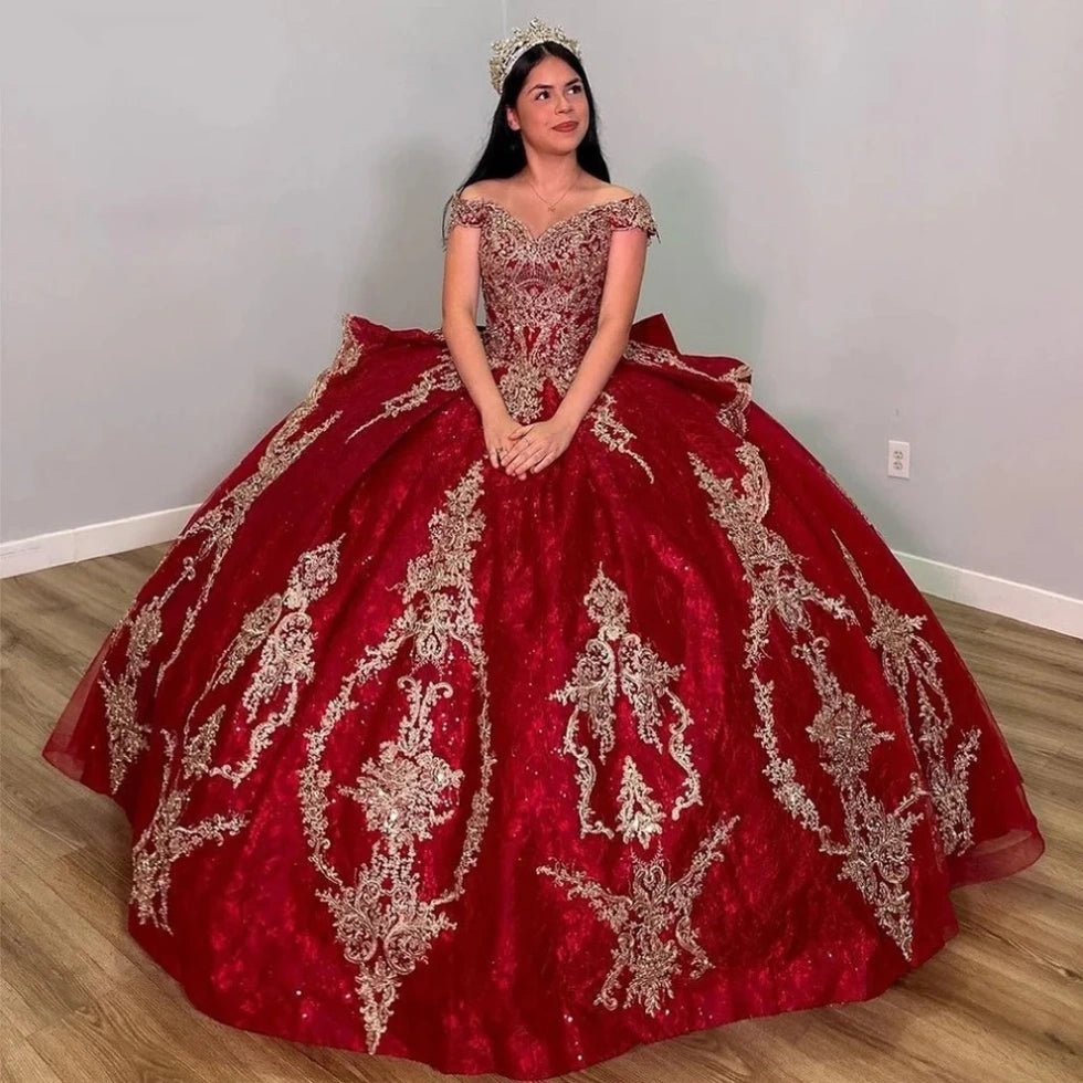 Julie | Shop Elegant Red Quince Dresses with Gold Accents - Flawless Ball Gowns - Red - PromDressClub