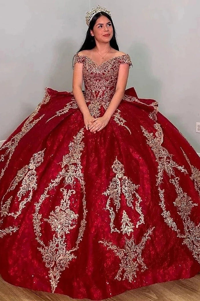 Julie | Shop Elegant Red Quince Dresses with Gold Accents - Flawless Ball Gowns - Red - PromDressClub