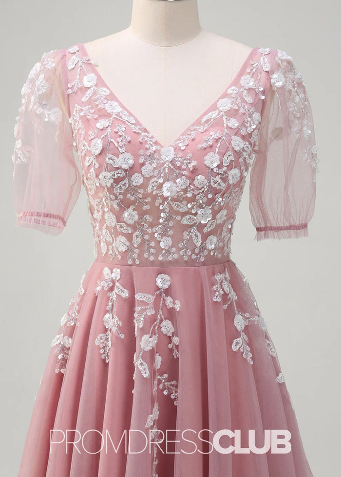 Juliet | Sparkly Blush Short Sleeves Tulle Long Prom Dress - Price #price_variant_lowest# - Blush - PromDressClub
