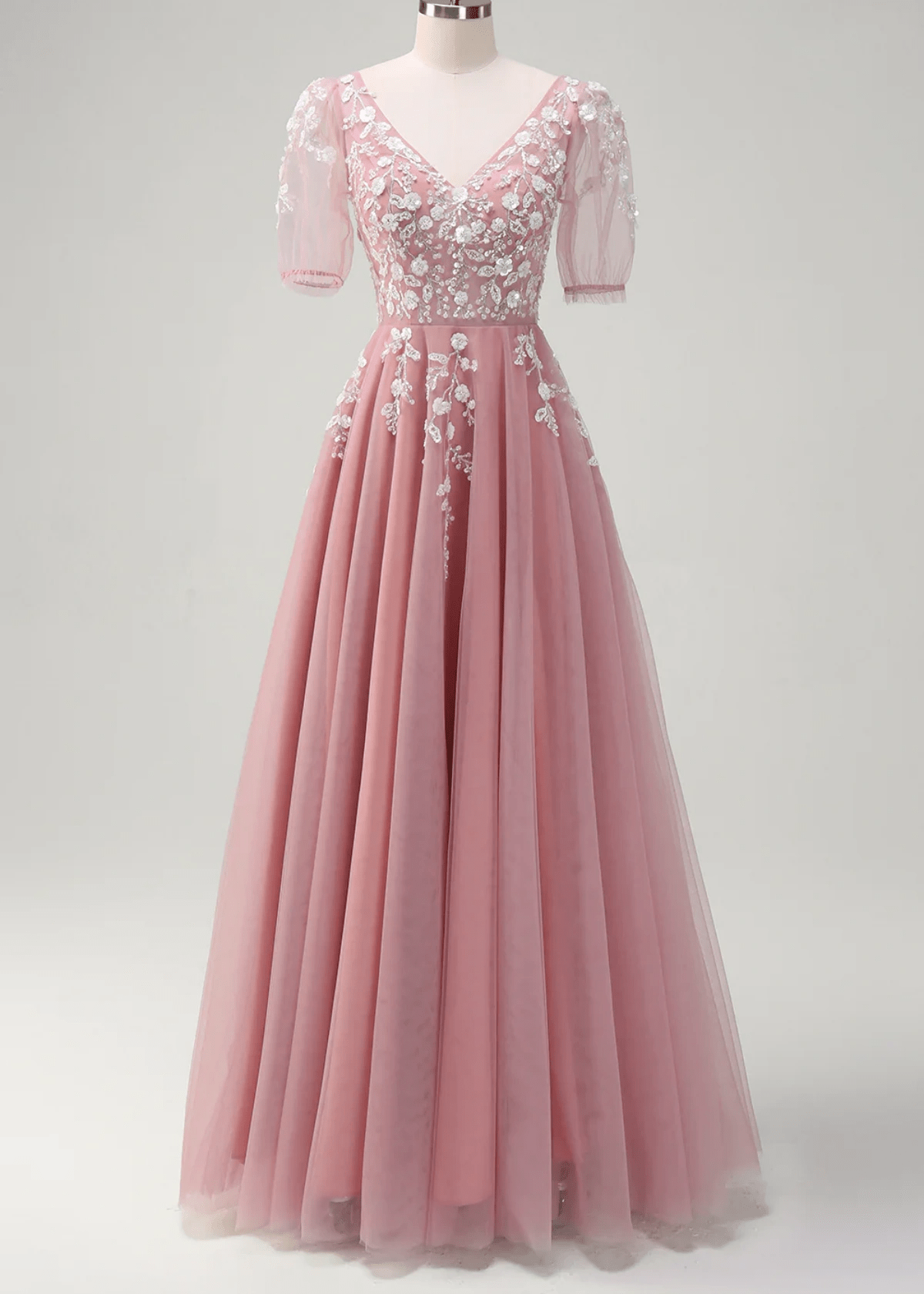 Juliet | Sparkly Blush Short Sleeves Tulle Long Prom Dress - Blush - PROMDRESS Club