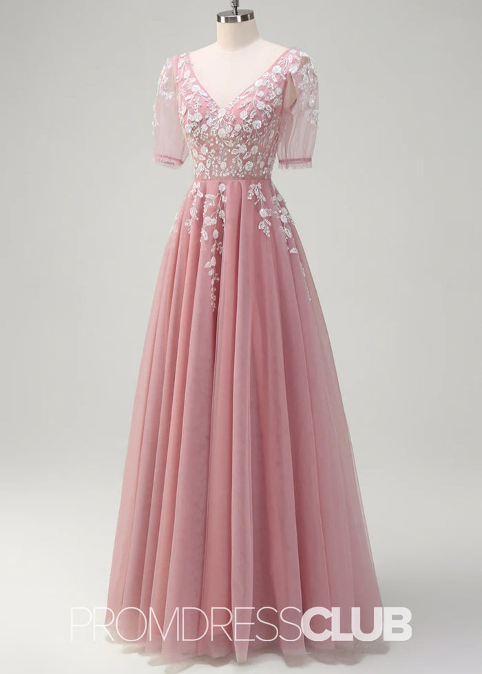 Juliet | Sparkly Blush Short Sleeves Tulle Long Prom Dress - Price #price_variant_lowest# - Blush - PromDressClub