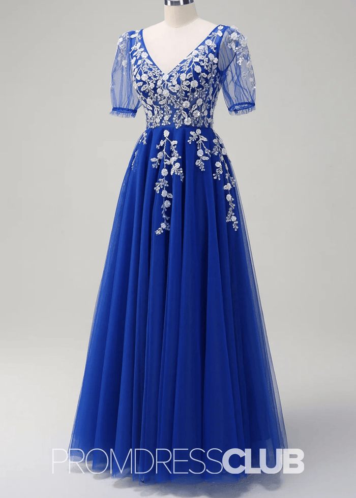 Juliet | Sparkly Blush Short Sleeves Tulle Long Prom Dress - Price #price_variant_lowest# - Royal Blue - PromDressClub