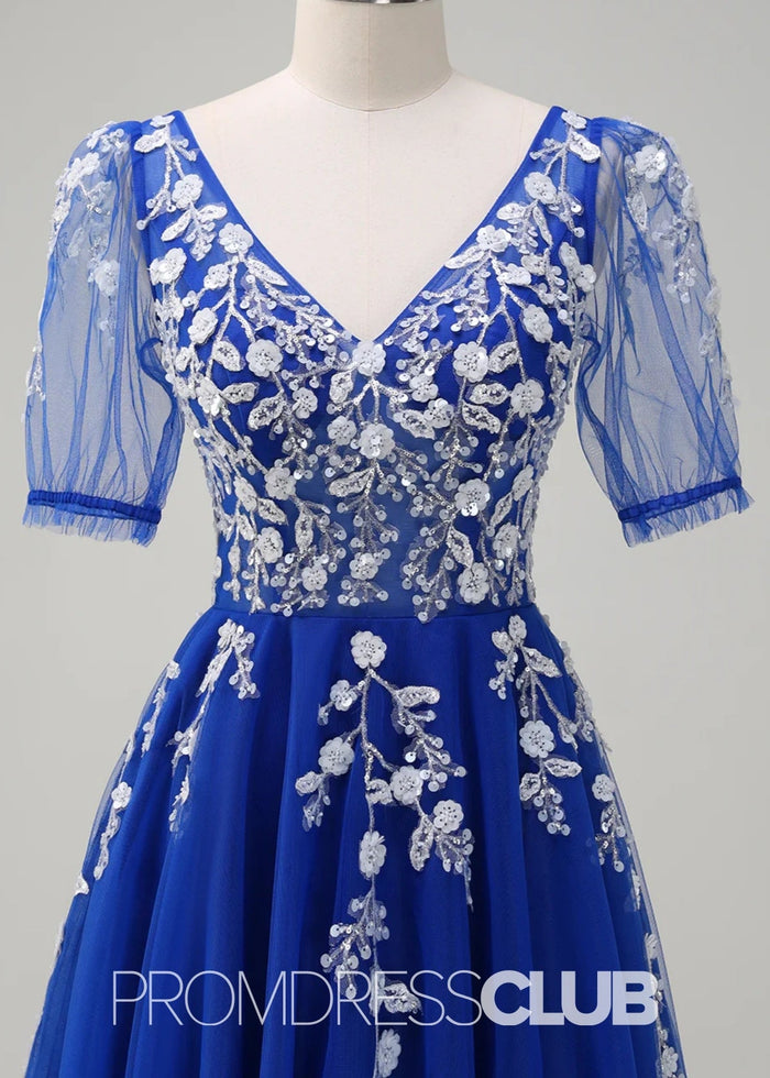 Juliet | Sparkly Blush Short Sleeves Tulle Long Prom Dress - Price #price_variant_lowest# - Royal Blue - PromDressClub