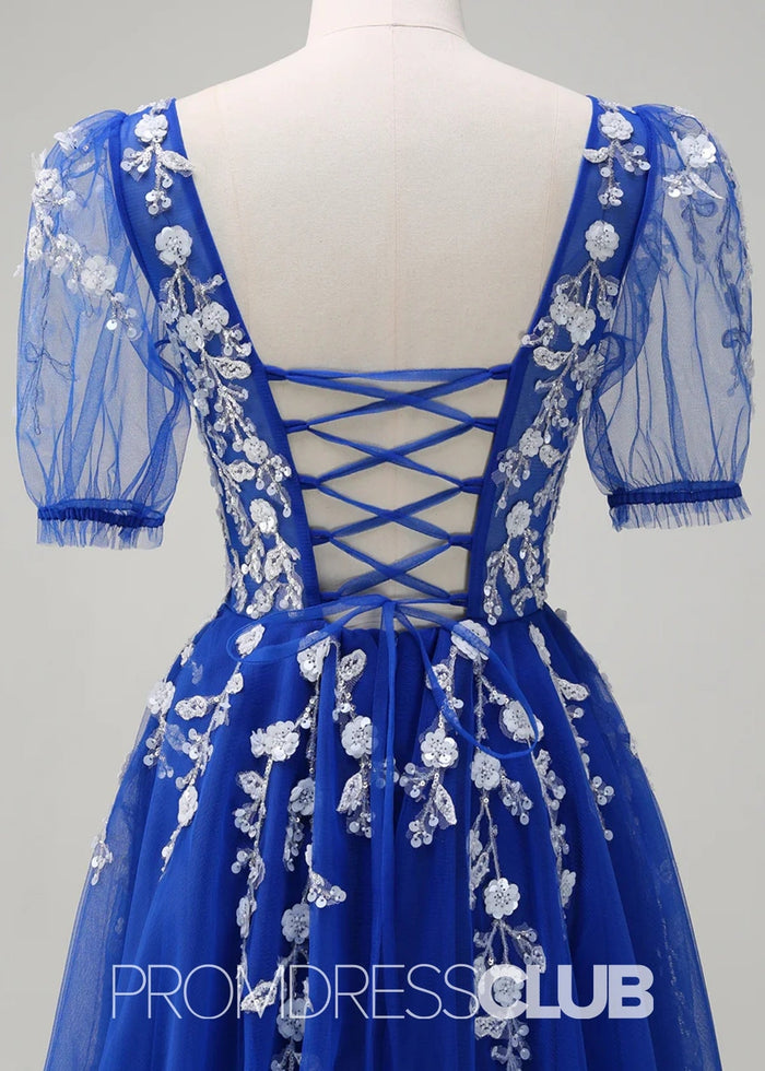 Juliet | Sparkly Blush Short Sleeves Tulle Long Prom Dress - Price #price_variant_lowest# - Royal Blue - PromDressClub