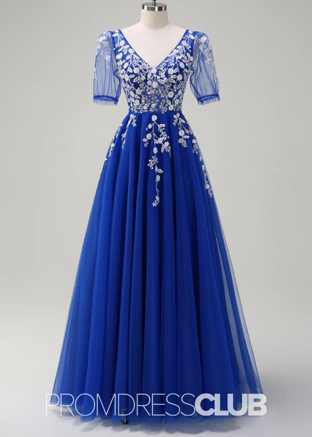 Juliet | Sparkly Blush Short Sleeves Tulle Long Prom Dress - Royal Blue - PROMDRESS Club