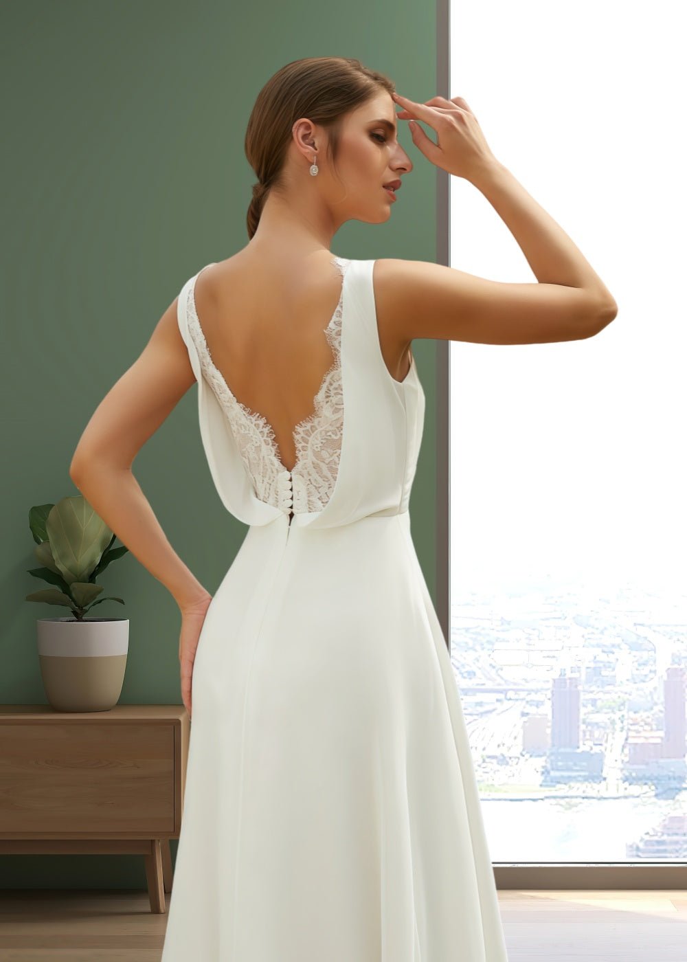 June | Elegant A Line V Neck Chiffon Ruched Lace Back Wedding Dress with Floor Length from PDC - Price #price_variant_lowest# - White - PromDressClub