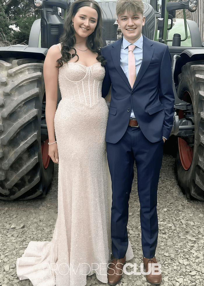 June | Mermaid Spaghetti Straps Light Pink Sequin Long Prom Dress - Price #price_variant_lowest# - Champagne - PromDressClub