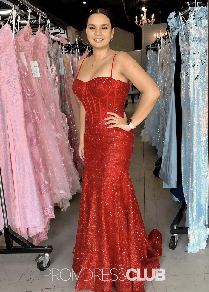 June | Mermaid Spaghetti Straps Light Pink Sequin Long Prom Dress - Price #price_variant_lowest# - Red - PromDressClub