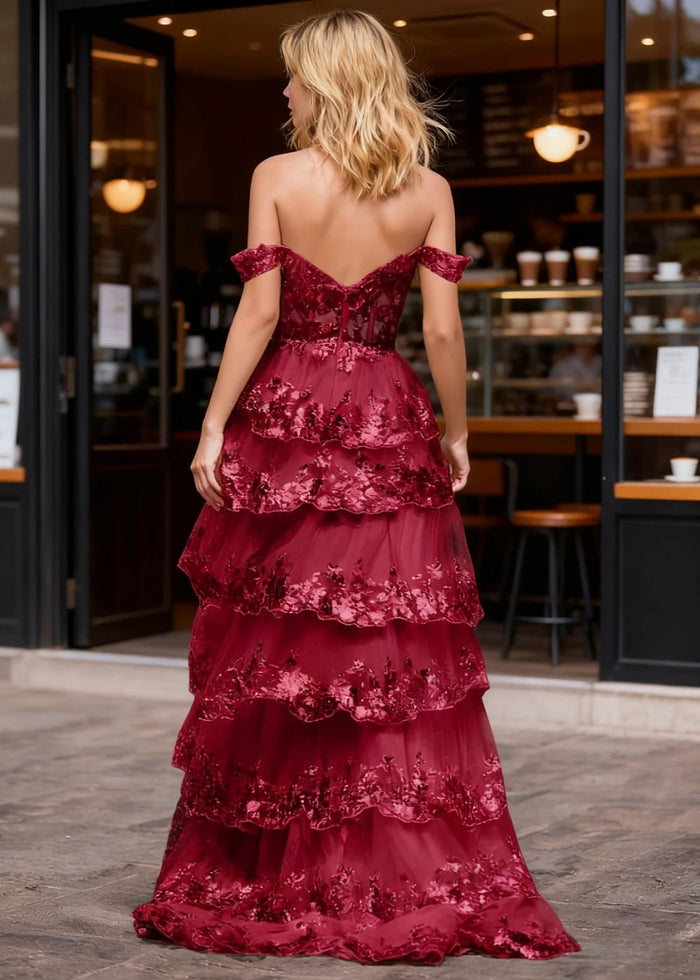 Kaleido Burgundy Sequins Ruffle Prom Dress | A - Line Off the Shoulder Sweetheart Neckline Tiered Dress with Slit - US0 - PromDressClub